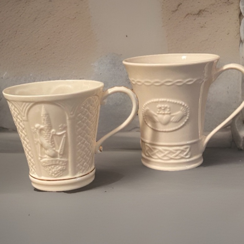 2 Belleek Porcelain Fermanagh/Claddagh Coffee Mugs Made In Ireland
